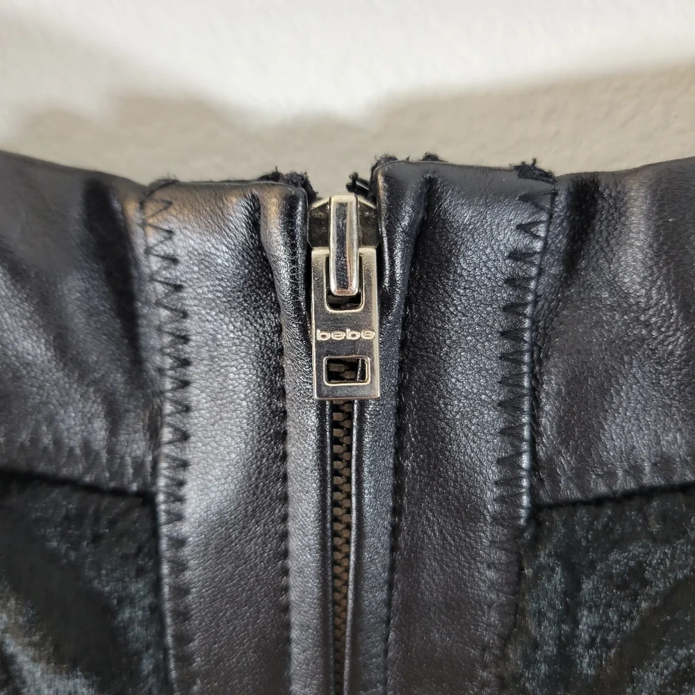 BEBE black soft faux fur genuine leather zip front gothic punk edgy mini skirt